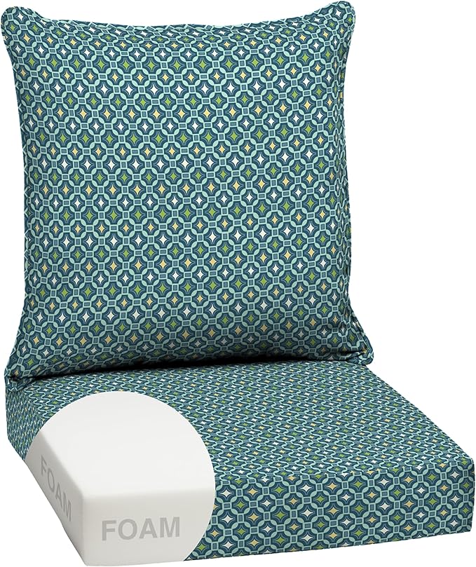 Arden Outdoor Foam Deep Seat Cushion Set, 24 in x 24 in, Weather-Proof, Rain-Proof, Fade Resistant Patio Cushion, Bottom and Back Cushion for Chair, Sofa, and Couch Alana Tile