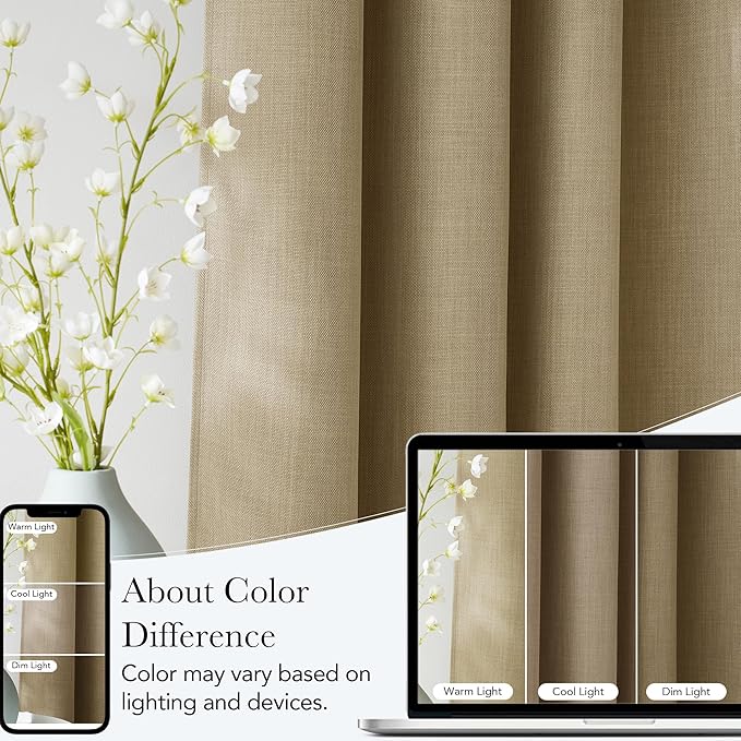 NICETOWN Oatmeal Faux Linen Room Darkening Rod Pocket Curtains 63 inch Length