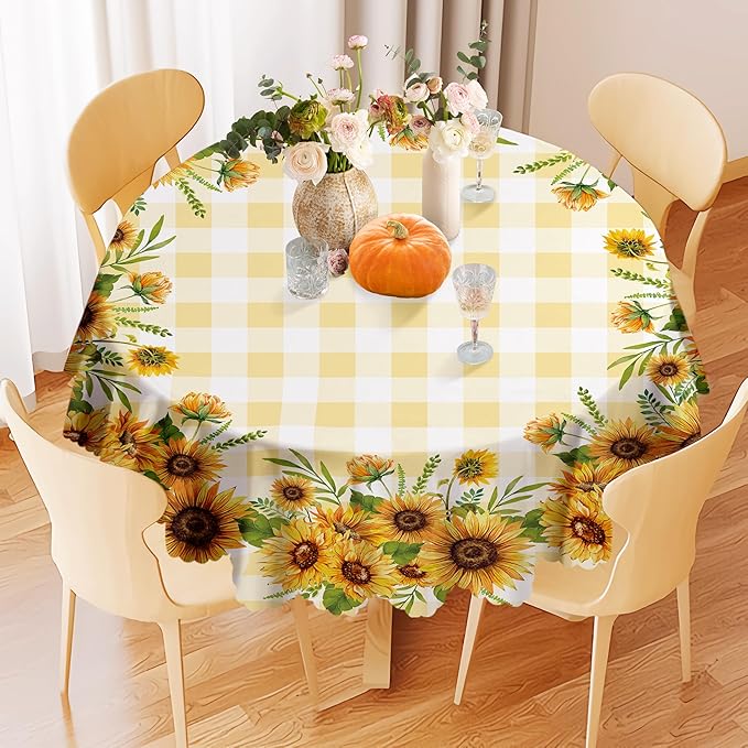 Eikione Sunflower Round Tablecloth 70inch, Fall Gingham Tablecloth Waterproof and Wrinkle-Free, Wild Flower Rustic Table Covers, Fall Decorations for Home
