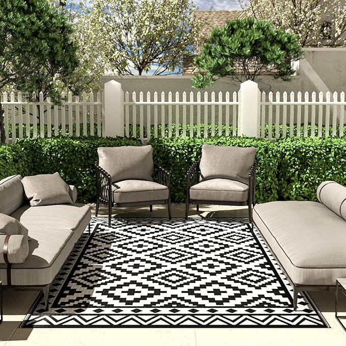 HAUSHOF 5'X8' Outdoor Rug Waterproof, Black&White | Camping, Beach, Deck, Porch, Balcony