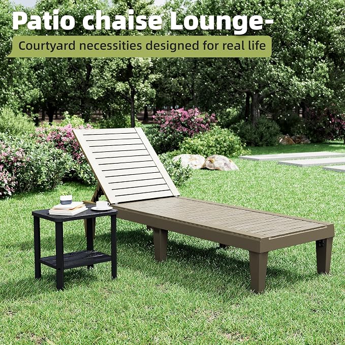 Outdoor Lounge Chairs Set of 2, 5-Position Adjustable Tanning Chairs with Wood Grain, All-Weather Resin Patio Recliners for Pool, Garden, Deck, Beach, Patio Lounge Chairs, Texture Grey