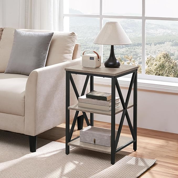 Yaheetech Industrial End Tables Set of 2, 3-Tier Side Tables with Storage Shelves for Living Room, X Design Sofa Tables, Strong Metal Frame, Easy Assembly, 16x16x24.5 in, Gray