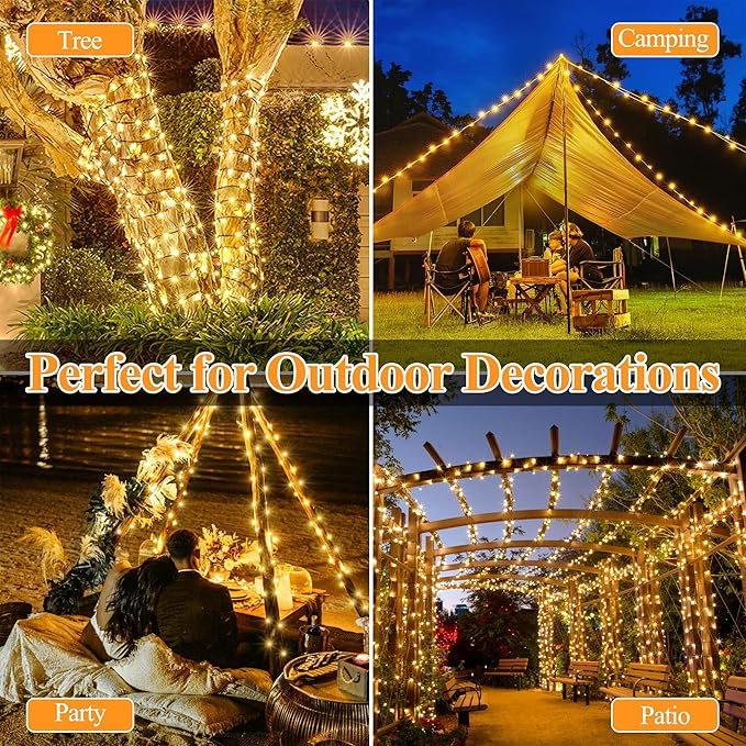 2 Pack Solar String Lights Total 480LED 158FT, IP67 Waterproof String Lights for Outside with 8 Modes, Upgraded Solar Panel Fairy Lights for Garden Party Wedding Decorations (Warm White)