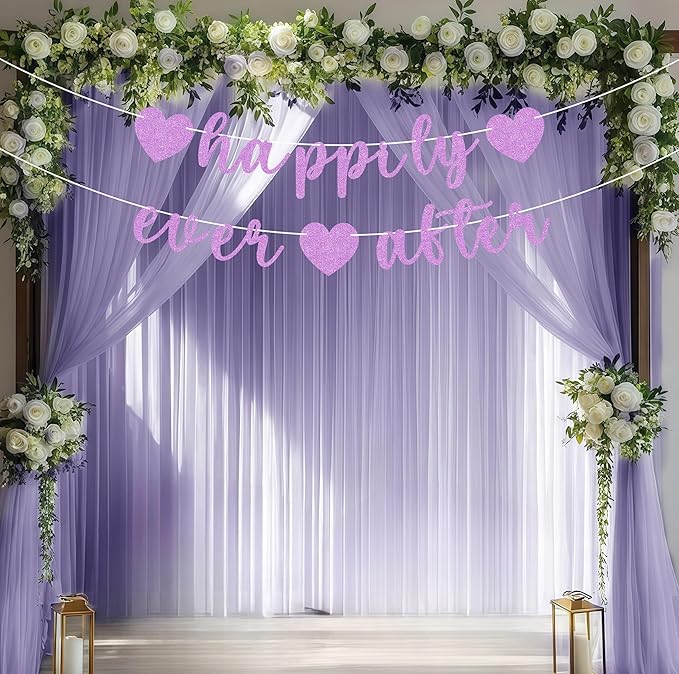 Pre-Strung Happily Ever After Banner - Purple Glitter Bachelorette Bridal Engagement Party Decoration Supplies, Bachelorette Wedding Party Banner for Engagement, Bridal Shower, Wedding Party Photo Booth Props