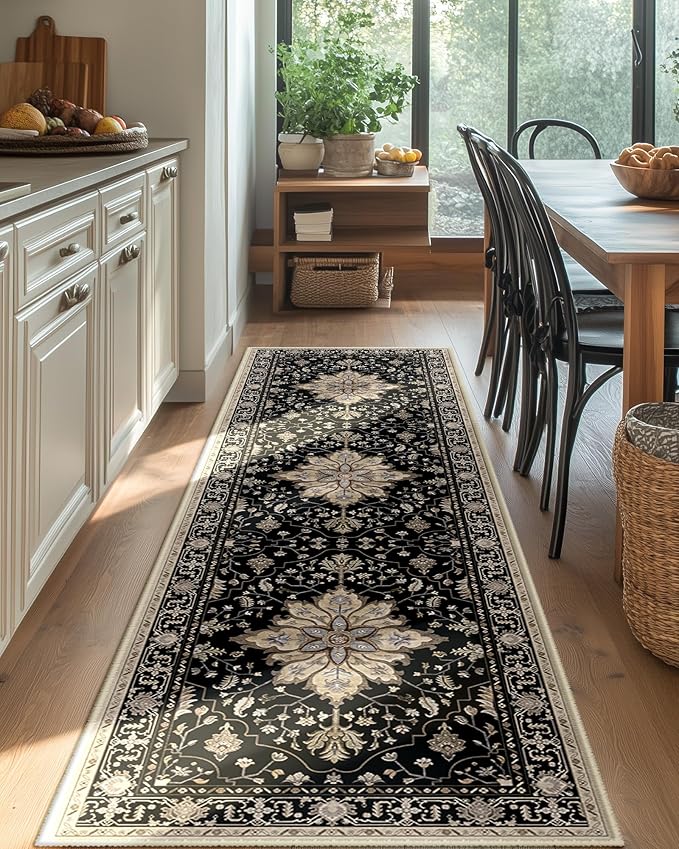 Area Rugs 2'x8' Runner Rug Non Slip Washable for Kitchen Hallway Bedroom Beside Laundry Room Bathroom Rug, Floor Carpet, Black Brown Neutral Dark Tan