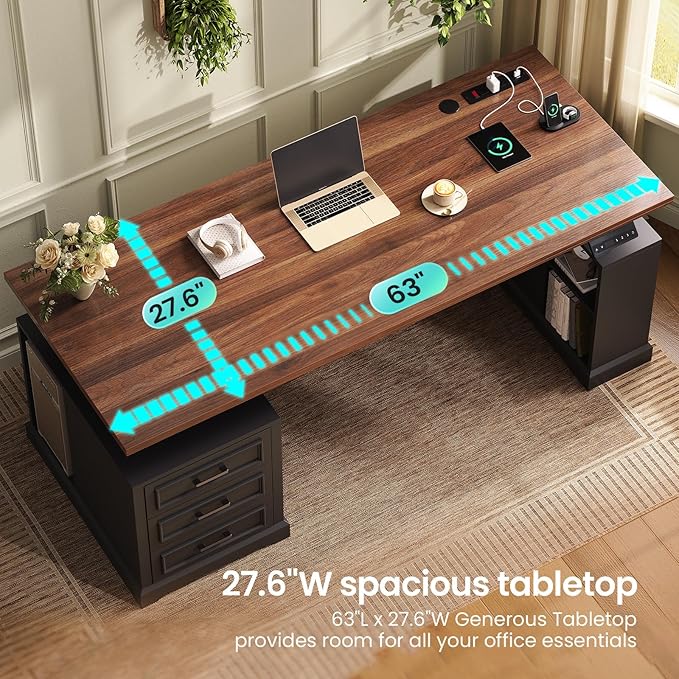 SEDETA Farmhouse Electric Standing Desk, 63" Height Adjustable Computer Desk with 3 Drawers, Storage Shelves, Power Outlets, Wood Home Office Stand up Desk for Work, Study, Writing, Black