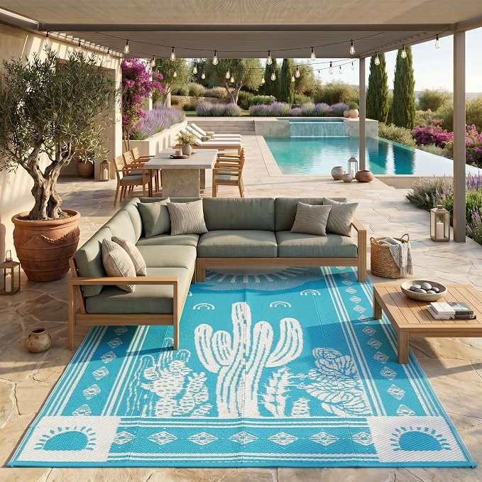 Garvee Reversible Teal Blue Outdoor Rug 8x10 for Patio, Waterproof Outdoor Area Rug, Modern Desert Botanical Indoor Outdoor Rugs, Plastic Straw Rug for RV, Camping, Deck, Cactus