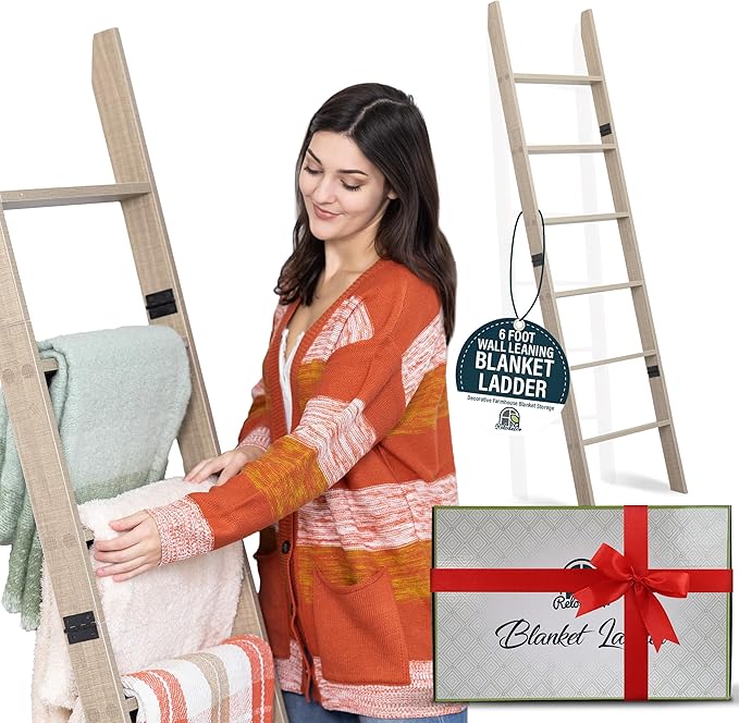 Blanket Ladder for Living Room and Bedroom, 5ft 8 inch, 6-Tier Wall Leaning Laminate No-Snag Construction (Smokey Oak) Rustic Decorative Farmhouse Blanket Storage, Quilt Rack, Ladder Shelf
