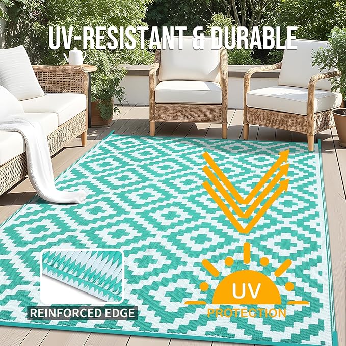 OLANLY Waterproof Outdoor Rug 9x12 ft, Outdoor Plastic Straw Rug for Camping, RV Mat Outside, Outdoor Carpet for Porch, Deck, Backyard, Balcony, Picnic, Turquoise & White