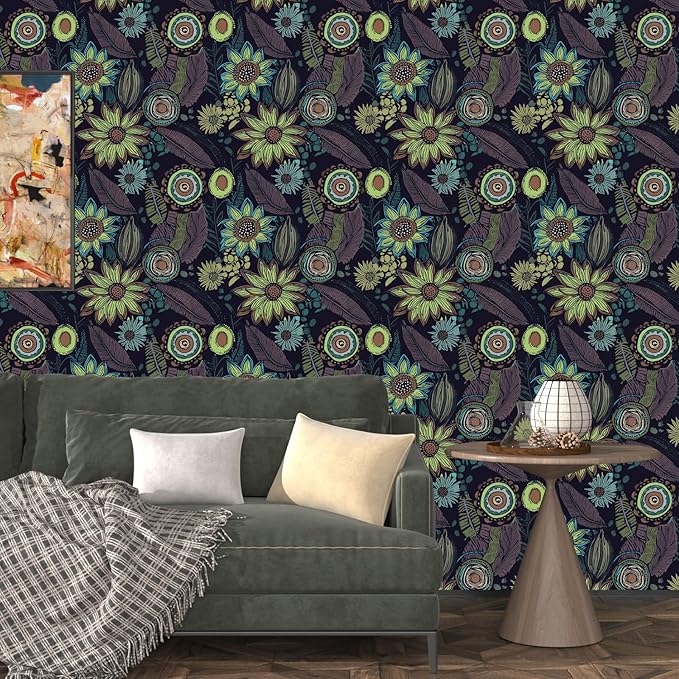 Vintage Boho Wallpaper Peel and Stick, Dark Purple/Green Gothic Floral Contact