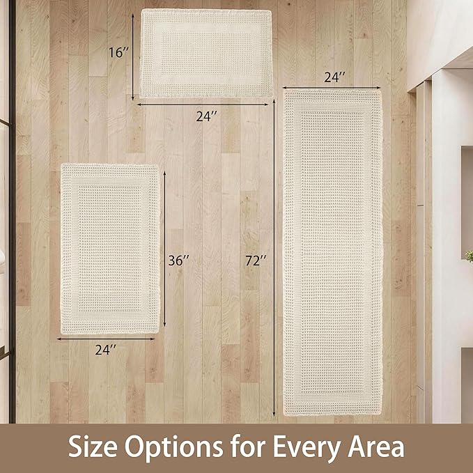 Waffle Bath Mat Non Slip, Boho Bathroom Rug, Super Absorbent Quick Dry Bathroom Mat, Soft Farmhouse Bath Rug with Tassels, Small Washable Shower Mats for Floor 16"x24", Square Cream