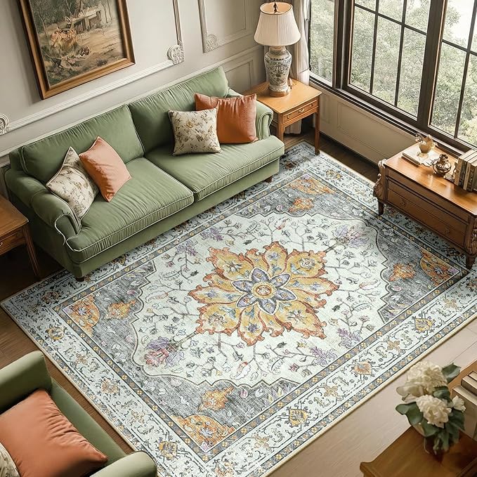 Area Rugs 6'x9' Washable Non-Slip, Floral Vintage Distress Print Pattern Medallion Carpet for Living Room Bedroom Dining Room, Light Yellow Carbon Grey Orange