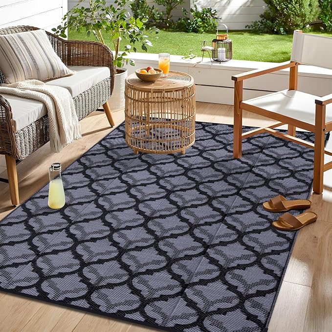 OLANLY Reversible Outdoor Rug 8x10 ft Clearance, Waterproof Outdoor Plastic Straw Rug with Interlacing Pattern, RV Mat for Patio, Camping, Balcony, Deck, Backyard, Black & Grey