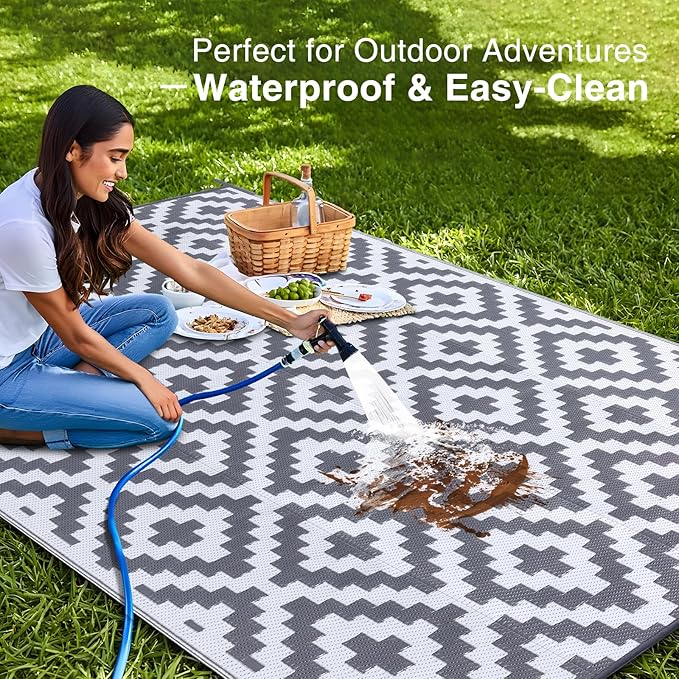 OLANLY Waterproof Outdoor Rug 10x14 ft, Outdoor Plastic Straw Rug for Camping, RV Mat Outside, Outdoor Carpet for Porch, Deck, Backyard, Balcony, Picnic, Grey & White