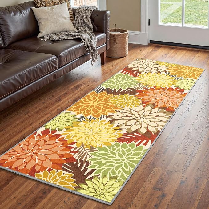 Colorful 2x6 Washable Runner Rug for Hallway Tropical Botanical Modern Floral Chenille Kitchen Rugs Low Pile Non Slip Carpet for Patio, Bedroom, Laundry, Orange