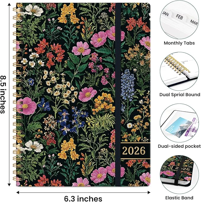 2026 Planner, Weekly and Monthly Planner for Women, Jan 2026 - Dec 2026 Pretty 2026 Calendar Planner with Monthly Tabs, Inner Pocket, Spiral Binding, Perfect for Office Home School - 6.3" x 8.5", Abundant Floral