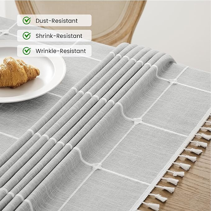 puredown® Plaid Square Tablecloth, Waterproof Cotton Linen Tablecloth with Tassel, Rustic Farmhouse Table Cloths for Kitchen Dining Outdoor, 55"x55",4 Seats, Gray