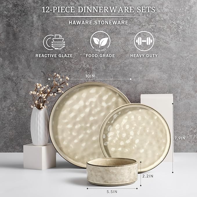 HaWare Dinnerware Sets, 12-Piece Plates and Bowls Set, Stoneware Dish Set for 4, Ceramic Dinnerware for Home Restaurant, Chip and Scratch Resistant, Microwave and Dishwasher Safe, Saturn Khaki