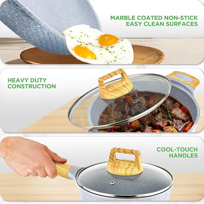 Nutrichef 22-Piece Cookware and Bakeware Set | Professional Home Kitchen Collection with Multi-Sized Pots, Pans, Non stick and Heat-Resistant Tools (Moon Grey Marble)