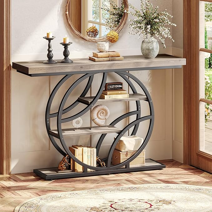 Huuger 47.2 Inch Entryway Table, Industrial Console Sofa Table with Storage, Accent Table with Shelves, for Entry, Hallway, Entrance, Foyer, O-Shaped Metal Frame, Grey