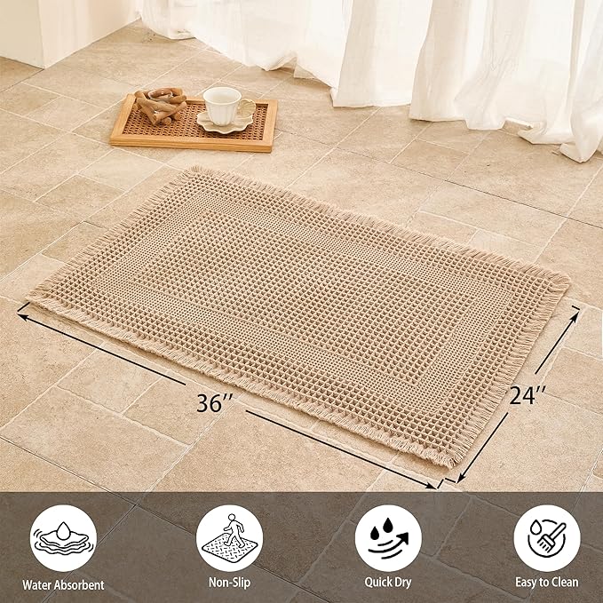 Waffle Bath Mat Non Slip, Boho Bathroom Rug, Super Absorbent Quick Dry Bathroom Mat, Soft Farmhouse Bath Rug with Tassels, Small Washable Shower Mats for Floor 24"x36", Square Brown