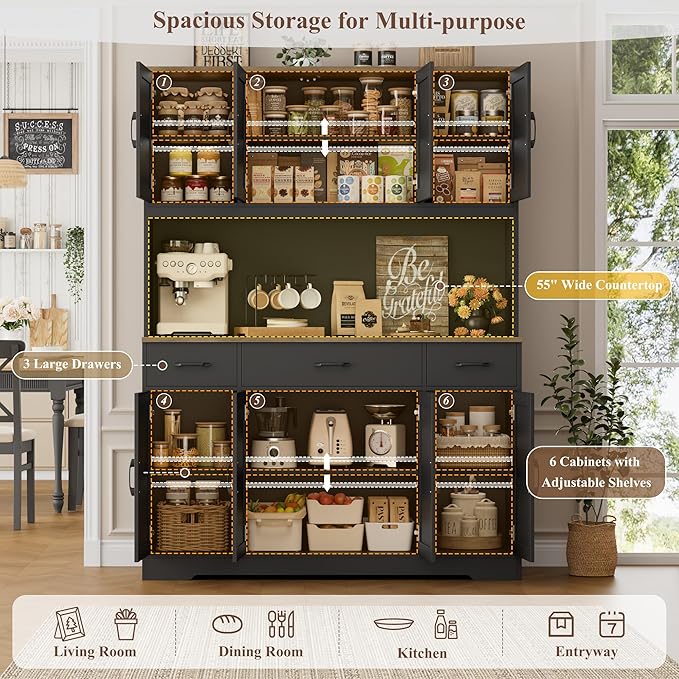HOSTACK 71" Tall Pantry Cabinet with Charging Station, 55" Wide Kitchen Pantry Storage Cabinet with Countertop, Large Kitchen Hutch with Storage Drawers and Microwave Stand for Dining Room, Black
