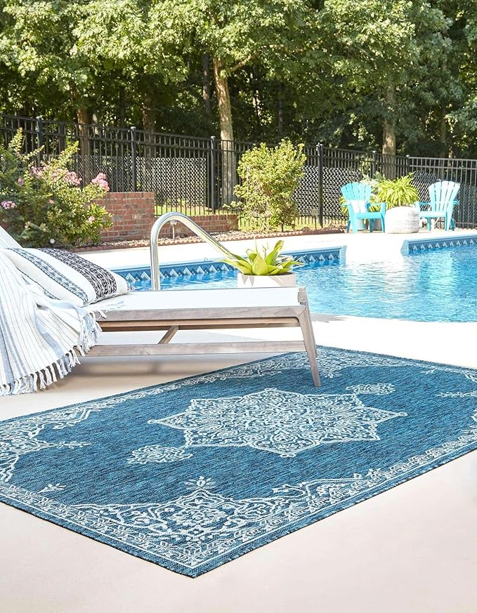 Unique Loom Outdoor Traditional Collection Area Rug - Antique (10' x 13' 1" Rectangle Teal/Ivory)