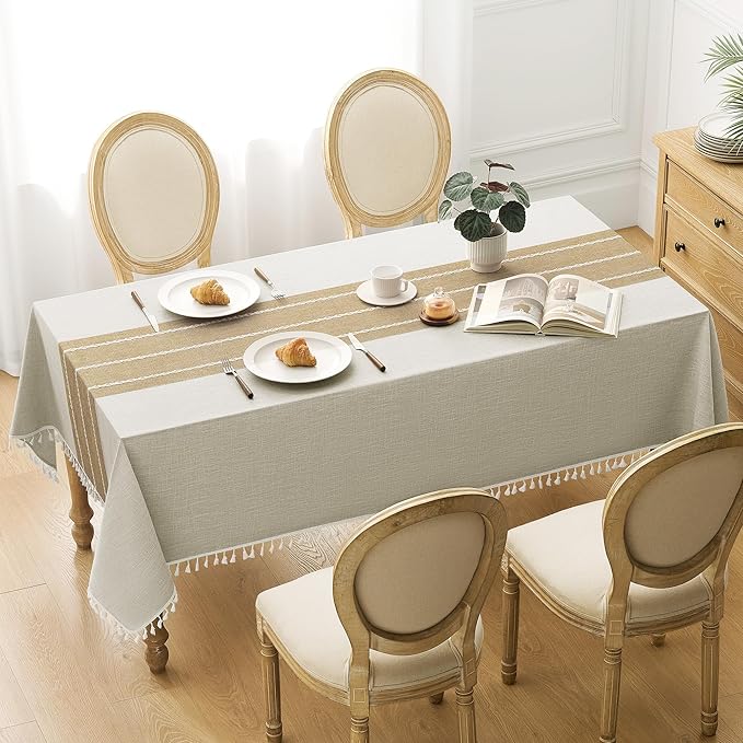 puredown® Rustic Rectangle Tablecloth, Waterproof Cotton Linen Tablecloth with Tassel, Wrinkle Free Farmhouse Table Cloths for Kitchen Dining Outdoor, 55"x86",6-8 Seats, Coffee