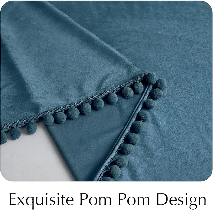 NICETOWN Slate Blue Velvet Curtains 84 Inch Length – Pom Pom Room Darkening