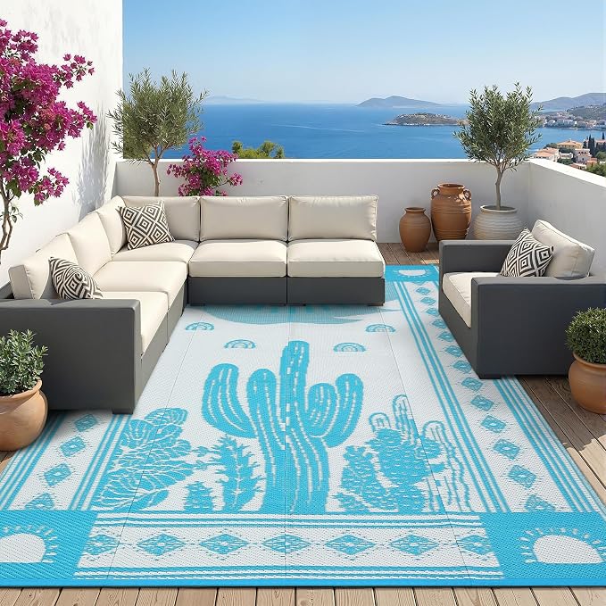 Garvee Reversible Teal Blue Outdoor Rug 8x10 for Patio, Waterproof Outdoor Area Rug, Modern Desert Botanical Indoor Outdoor Rugs, Plastic Straw Rug for RV, Camping, Deck, Cactus