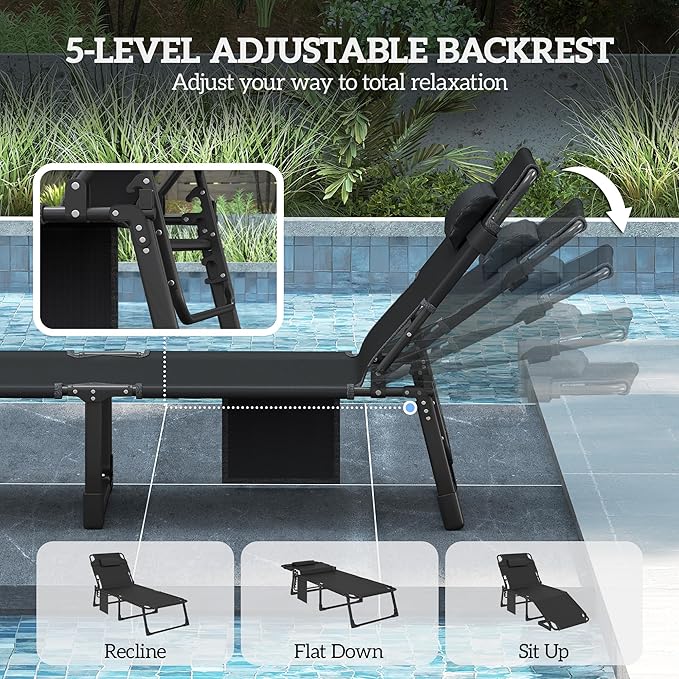 Outsunny Chaise Lounge Chair Outdoor, 5-Position Reclining Pool Lounge Chair with Cushion, Side Pocket, Headrest, Folding Lounger Tanning Chair Camping Cot for Patio, Beach, Dark Gray/Blue