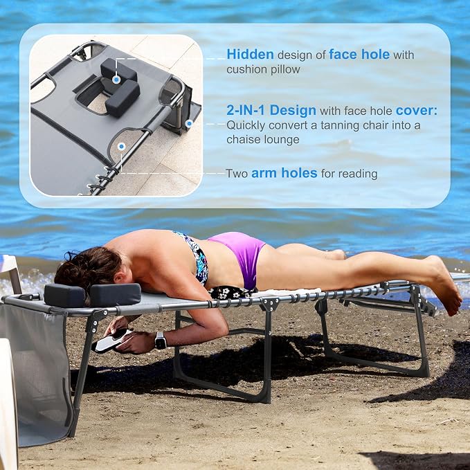Outdoor Chaise Lounge Chair with Face Hole and Arm Hole, Tanning Chair with 5 Position Adjustable Back, Foldable Lounge Chair with Detachable Pocket and Pillow for Beach, Pool, Gray