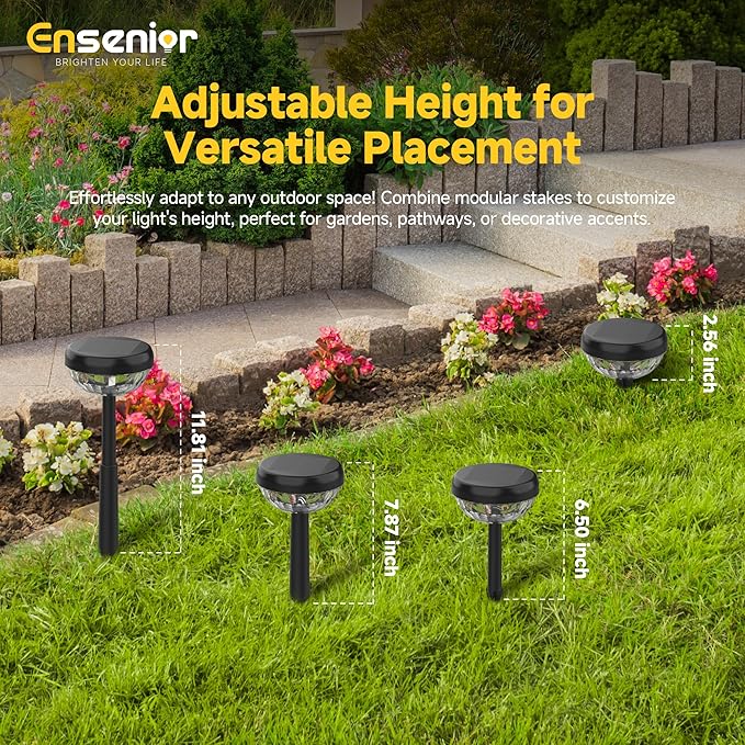 Ensenior 8-Pack Solar Lights Outdoor, Auto ON/Off 3000K LED Solar Garden Lights for Pathway, Yard, Patio, Walkway, Flower Bed, Waterproof, Energy-Efficient Landscape Lighting, Adjustable Height