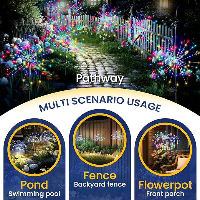 GIGALUMI Garden Decor Outdoor Lights 120LED 2Pack, Solar Garden Lights Outside Fairy Firework Decorative,Solar Powered for Yard Pathway Flowerbed Planter Balcony Patio 4th of July Decor (Multicolor