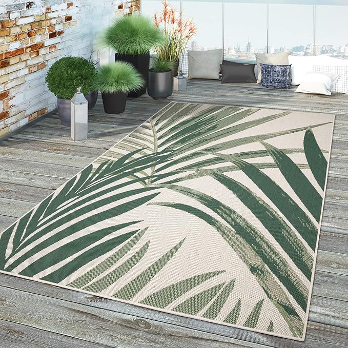 Tropical Outdoor Rug Palm Tree & Jungle Design Flatweave in Green Beige, Size: 2'8" x 4'11"