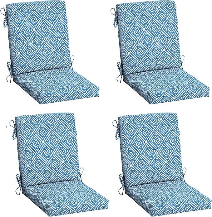 Arden 4-Pack Outdoor Patio Dining Chair Cushion, 20x44, Rain-Proof Seat Pad, Fade-Resistant Outdoor Cushion Amalfi Blue Tile