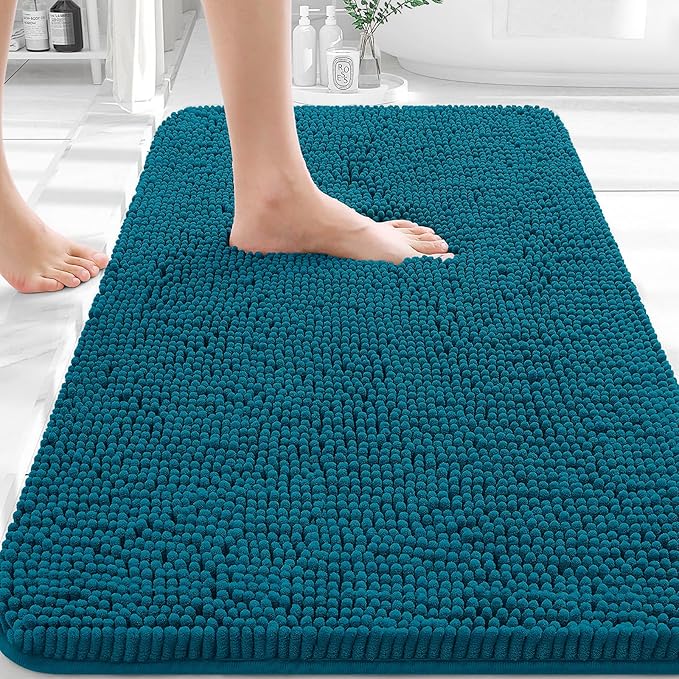 OLANLY Bathroom Rugs 36x24, Extra Soft Absorbent Chenille Bath Rugs, Rubber Backing Quick Dry, Machine Washable Bath Mats for Bathroom Floor, Tub and Shower, Home Decor Accessories, Peacock Blue