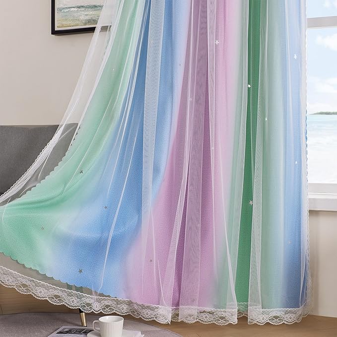 XiDi Blue & Rainbow Curtains for Kids & Girl Room