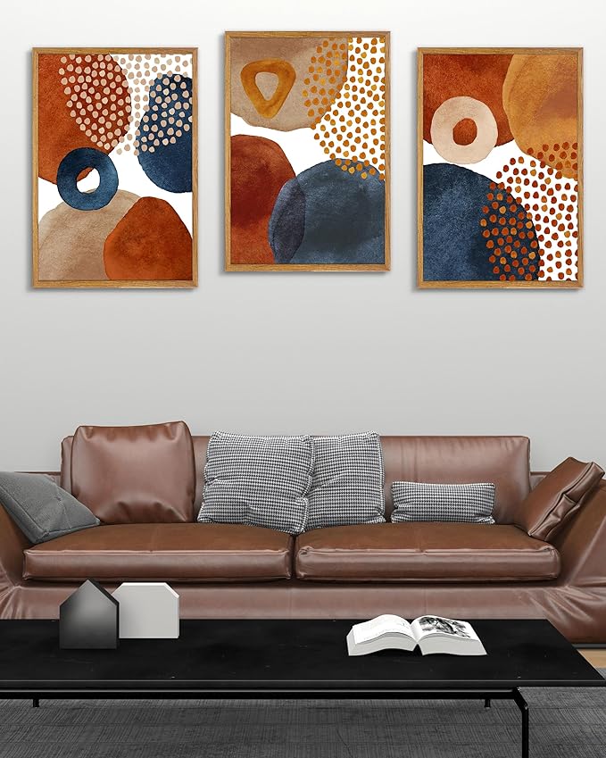 UPWOIGH Large Framed Canvas Wall Art, Set of 3 Watercolor Decor in Navy Blue, Terracotta, Burnt Orange, Beige, 16x24in Minimalist Natural Cotton Posters, Boho Modern Aesthetic for Living Room, Bedroom
