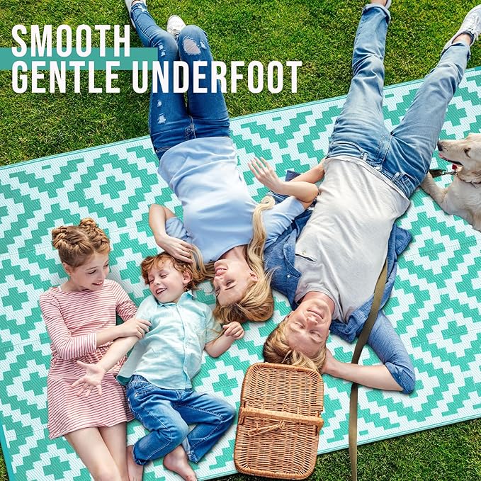 OLANLY Waterproof Outdoor Rug 9x18 ft, Outdoor Plastic Straw Rug for Camping, RV Mat Outside, Outdoor Carpet for Porch, Deck, Backyard, Balcony, Picnic, Turquoise & White