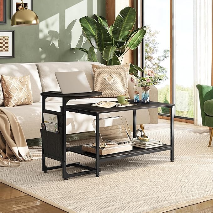 WLIVE Coffee Table, 31.3" and 18.7" Small Coffee Tables for Living Room, Modern Center Table and Side Table Set with Storage Side Pouch for Bedroom, Apartment, Charcoal Black