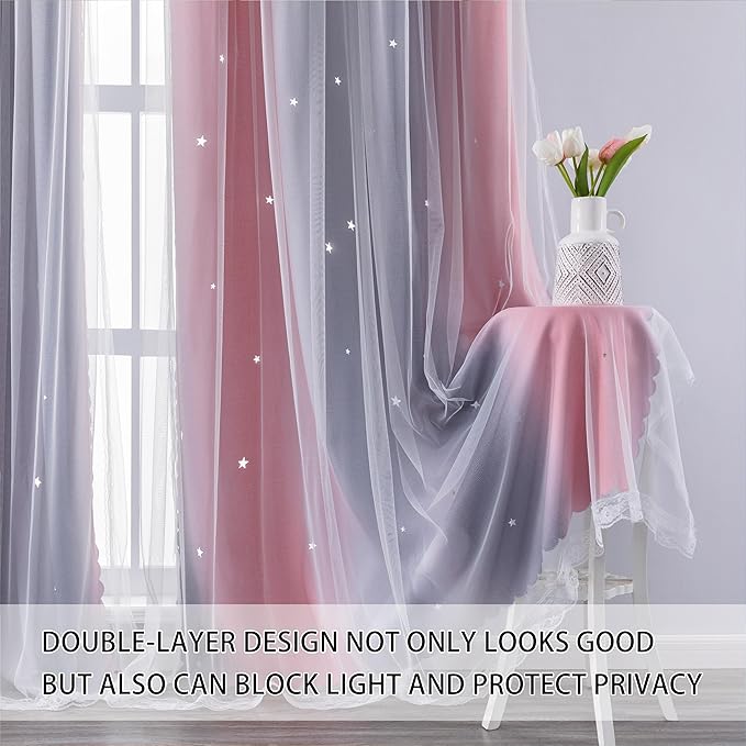 XiDi Pink and Grey Star Blackout Curtains