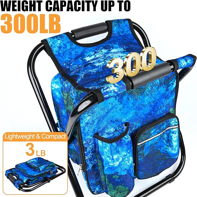 Kikerike Backpack Stool Cooler Chair Heavy Duty 300 LBS Max Load Portable Lightweight Stool Backpack Folding Fishing Cooler Seat for Camping Hunting Fishing - Ocean