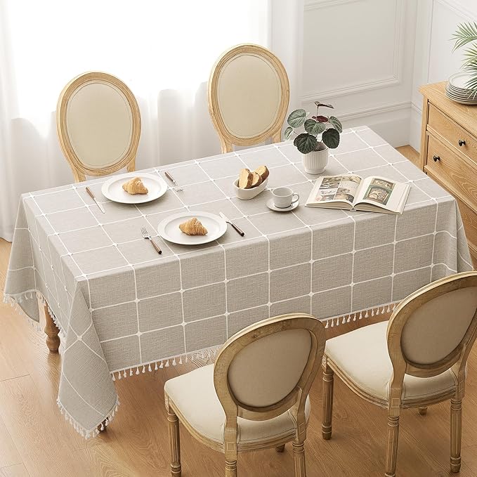 puredown® Plaid Square Tablecloth, Waterproof Cotton Linen Tablecloth with Tassel, Rustic Farmhouse Table Cloths for Kitchen Dining Outdoor, 55"x55",4 Seats, Coffee