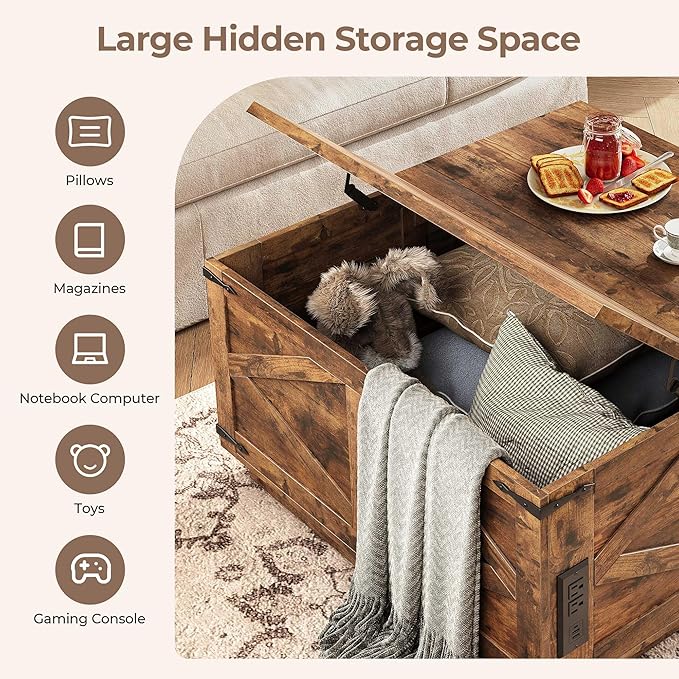 Farmhouse Lift Top Coffee Table, Square Wood Center Table with LED Lighting, USB-C Charging Station, and Hidden Storage Compartment - Rustic Brown Living Room Furniture