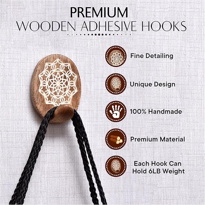 Indian Shelf 6 Lb- 3 Pieces Decorative Wood Adhesive Wall Hooks–Boho Peel and
