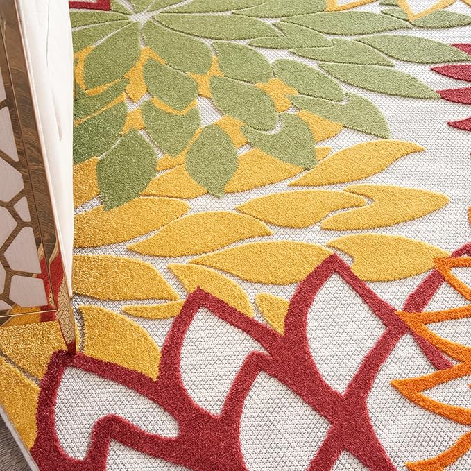 Nourison Aloha Indoor/Outdoor Red Multi Colored 9' x 12' Area Rug, Tropical, Botanical, Easy Cleaning, Non Shedding, Bed Room, Living Room, Dining Room, Deck, Backyard, Patio (9x12)