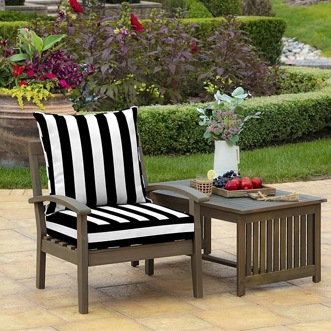 Arden Outdoor Deep Seat Cushion Set (2-Pack), 22 in x 24 in, Weather-Proof, Rain-Proof, Fade Resistant Patio Cushion for Chair, Sofa, and Couch Black Cabana Stripe