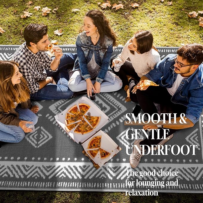 OMERAI Reversible Waterproof Outdoor Rug for Backyard,Plastic Textured Resistant Outdoors Rugs,Portable Washable Easy Cleaning Foldable Camping Beach Carpet for Patio Courtyard, 8'x10' Gray & White