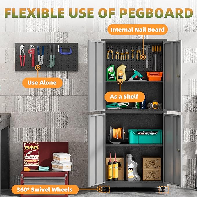 Garage Storage Cabinet with Wheels, Lockable Metal Storage Cabinet